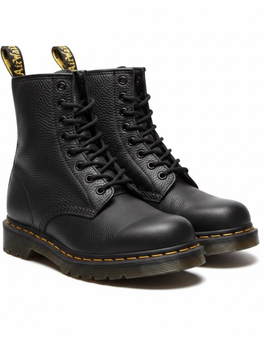 Dr. Martens Black Leather Lace-Up Combat Boots with Yellow Stitching